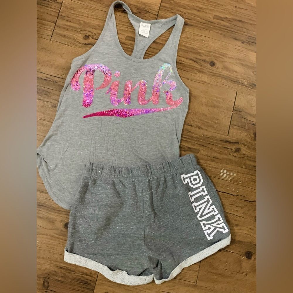 PINK VS OMBRÉ BLING LOGO TANK/ BOYFRIEND SHORTS OUTFIT SET XS - Picture 2 of 9